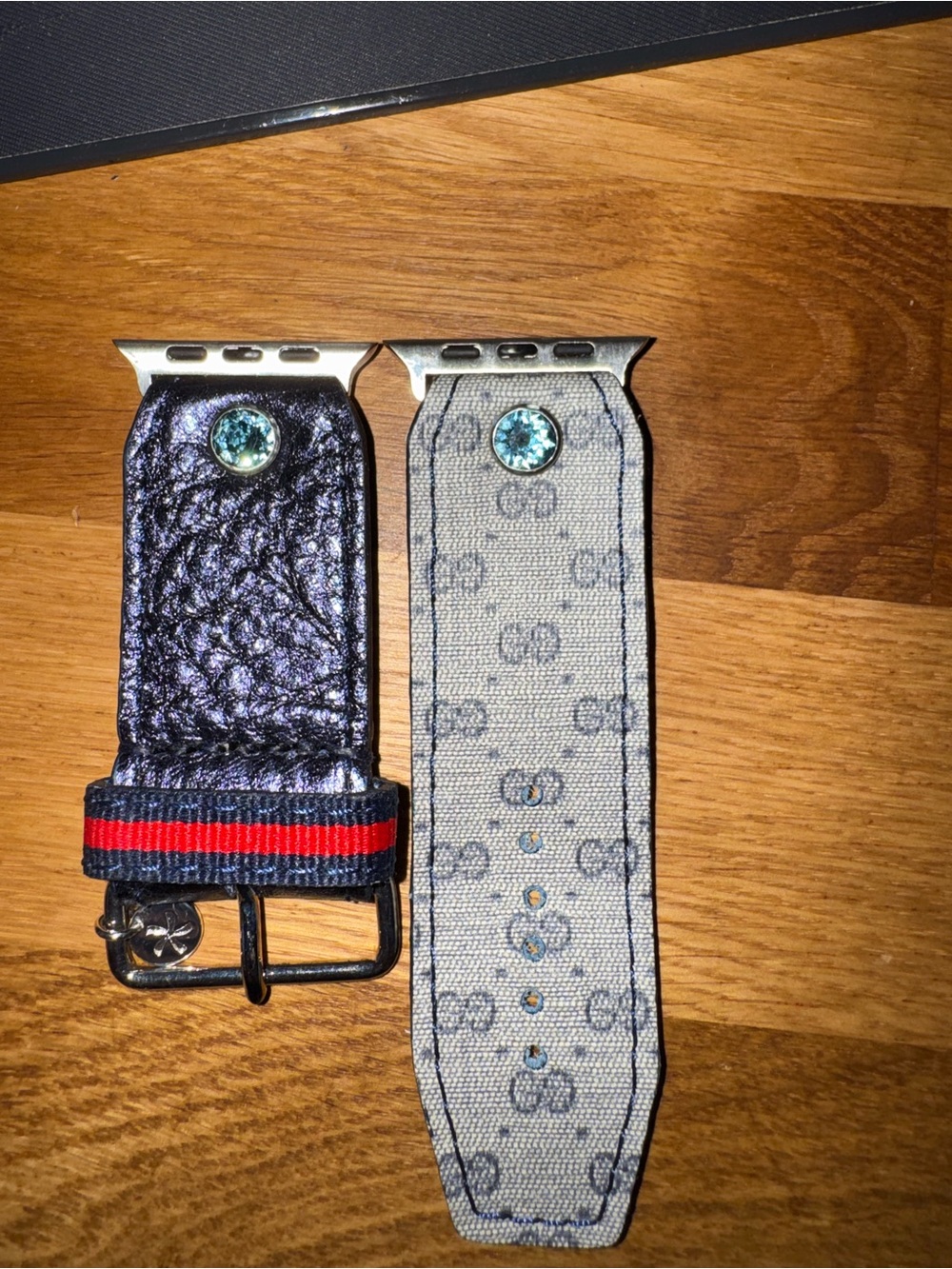 Blue Leather and GG Monogram Canvas Watch Band with Crystal Accent
